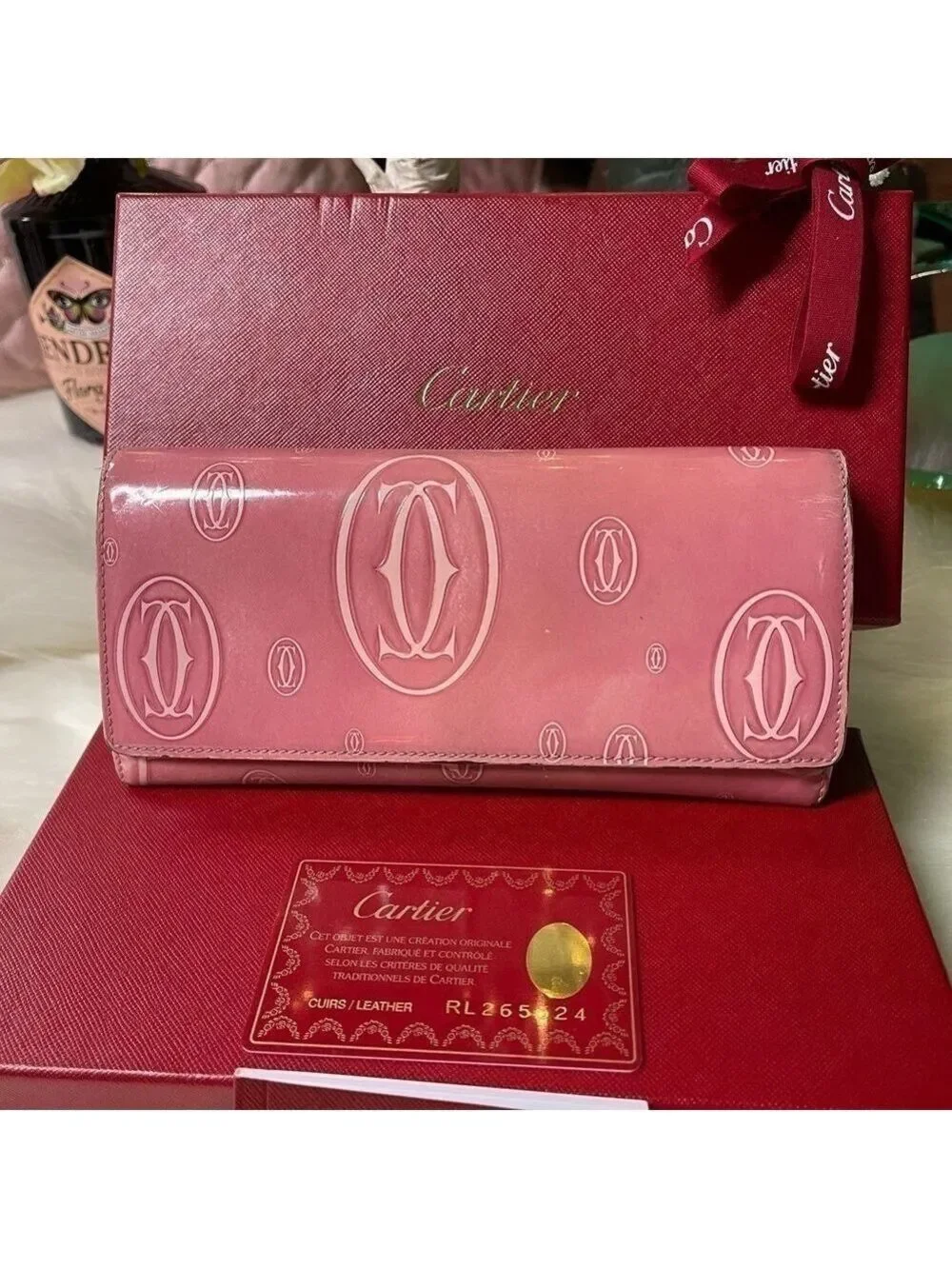 CARTIER MUST DE CARTIER HAPPY BIRTHDAY PINK PATENT LEATHER WALLET AUTHENTIC